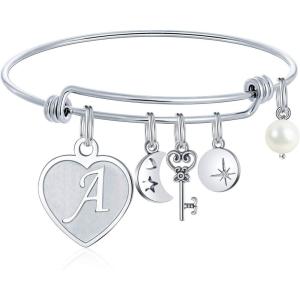 M MOOHAM Initial Charm Bracelets for Women Gifts – Engraved 26 Letters Initial Charms Bracelet Stainless Steel Bangle Bracelet Birthday Christmas Jewelry Gift for Women Teen Girls(A – Heart)