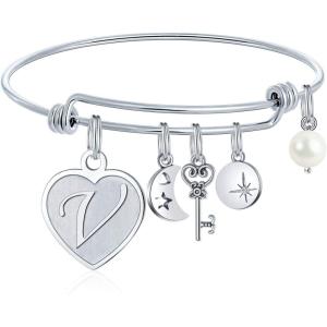 M MOOHAM Initial Charm Bracelets for Women Gifts – Engraved 26 Letters Initial Charms Bracelet Stainless Steel Bangle Bracelet Birthday Christmas Jewelry Gift for Women Teen Girls(V – Heart)