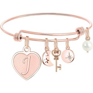 M MOOHAM Initial Charm Bracelets for Women Gifts – Engraved 26 Letters Initial Charms Bracelet Stainless Steel Bangle Bracelet Birthday Christmas Jewelry Gift for Women Teen Girls(J – Rose Gold)