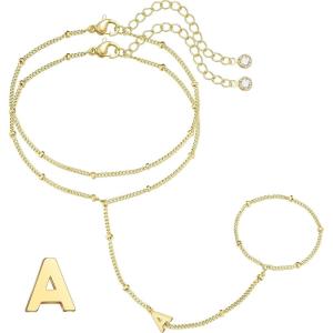 M MOOHAM Initial Hand Chain for Women – Dainty Gold Ring Bracelet Hand Chain for Women Trendy, Letter A-Z Initial Link Charm Bracelets Personalized Gold Jewelry Gifts(A)