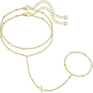 M MOOHAM Initial Hand Chain for Women – Dainty Gold Ring Bracelet Hand Chain for Women Trendy, Letter A-Z Initial Link Charm Bracelets Personalized Gold Jewelry Gifts(K)