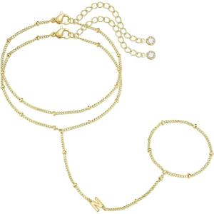 M MOOHAM Initial Hand Chain for Women – Dainty Gold Ring Bracelet Hand Chain for Women Trendy, Letter A-Z Initial Link Charm Bracelets Personalized Gold Jewelry Gifts(N)
