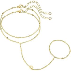 M MOOHAM Initial Hand Chain for Women – Dainty Gold Ring Bracelet Hand Chain for Women Trendy, Letter A-Z Initial Link Charm Bracelets Personalized Gold Jewelry Gifts(D)