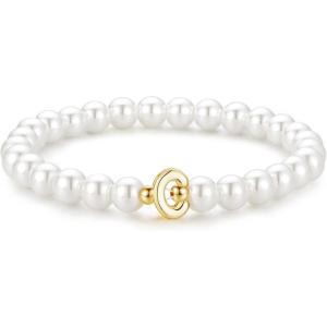 M MOOHAM Pearl Initial Bracelet for Women – Dainty Beaded Charm Bracelets for Women Trendy Charm Letter A-Z Personalized Pearl Jewelry Gifts(C)