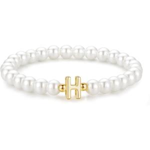 M MOOHAM Pearl Initial Bracelet for Women – Dainty Beaded Charm Bracelets for Women Trendy Charm Letter A-Z Personalized Pearl Jewelry Gifts(H)