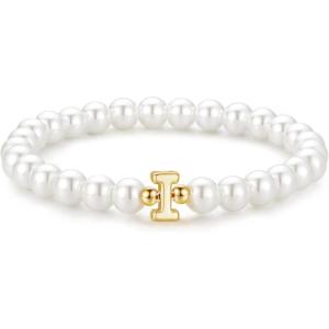 M MOOHAM Pearl Initial Bracelet for Women – Dainty Beaded Charm Bracelets for Women Trendy Charm Letter A-Z Personalized Pearl Jewelry Gifts(I)