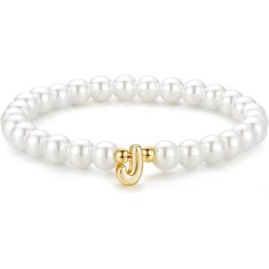 M MOOHAM Pearl Initial Bracelet for Women – Dainty Beaded Charm Bracelets for Women Trendy Charm Letter A-Z Personalized Pearl Jewelry Gifts(J)