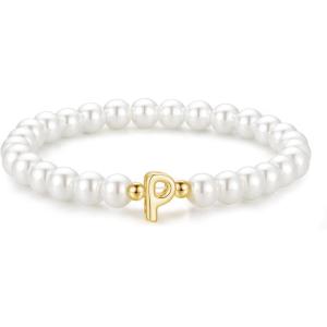 M MOOHAM Pearl Initial Bracelet for Women – Dainty Beaded Charm Bracelets for Women Trendy Charm Letter A-Z Personalized Pearl Jewelry Gifts(P)