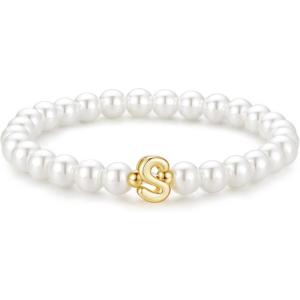M MOOHAM Pearl Initial Bracelet for Women – Dainty Beaded Charm Bracelets for Women Trendy Charm Letter A-Z Personalized Pearl Jewelry Gifts(S)