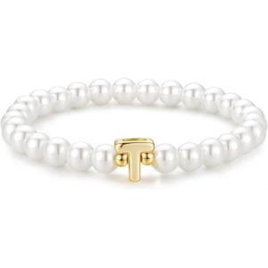 M MOOHAM Pearl Initial Bracelet for Women – Dainty Beaded Charm Bracelets for Women Trendy Charm Letter A-Z Personalized Pearl Jewelry Gifts(T)