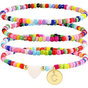 M MOOHAM Stocking Stuffers for Girls – 4PCS Initial Bracelets for Women Girls, Colorful Beaded Bracelet Heart Initial Bracelet for Women Stackable Layered Boho Bracelets Jewelry Gifts for Kids Girl(C)