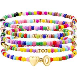 M MOOHAM Stocking Stuffers for Kids Girls Teen – 5PCS Colorful Beaded Initial Bracelets for Women Girls, Cute Stretch Heart Letter Bohemian Stackable Bracelet Birthday Gifts Jewelry for Kids Teen Girl(O)