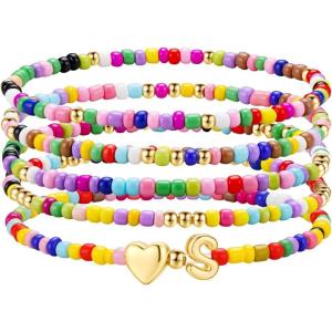 M MOOHAM Stocking Stuffers for Kids Girls Teen – 5PCS Colorful Beaded Initial Bracelets for Women Girls, Cute Stretch Heart Letter Bohemian Stackable Bracelet Birthday Gifts Jewelry for Kids Teen Girl(S)