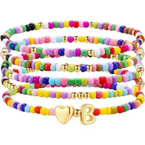M MOOHAM Stocking Stuffers for Kids Girls Teen – 5PCS Colorful Beaded Initial Bracelets for Women Girls, Cute Stretch Heart Letter Bohemian Stackable Bracelet Birthday Gifts Jewelry for Kids Teen Girl(B)