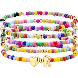 M MOOHAM Stocking Stuffers for Kids Girls Teen – 5PCS Colorful Beaded Initial Bracelets for Women Girls, Cute Stretch Heart Letter Bohemian Stackable Bracelet Birthday Gifts Jewelry for Kids Teen Girl(R)