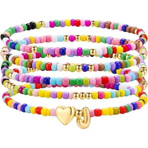 M MOOHAM Stocking Stuffers for Kids Girls Teen – 5PCS Colorful Beaded Initial Bracelets for Women Girls, Cute Stretch Heart Letter Bohemian Stackable Bracelet Birthday Gifts Jewelry for Kids Teen Girl(J)
