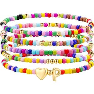 M MOOHAM Stocking Stuffers for Kids Girls Teen – 5PCS Colorful Beaded Initial Bracelets for Women Girls, Cute Stretch Heart Letter Bohemian Stackable Bracelet Birthday Gifts Jewelry for Kids Teen Girl(P)