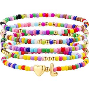 M MOOHAM Stocking Stuffers for Kids Girls Teen – 5PCS Colorful Beaded Initial Bracelets for Women Girls, Cute Stretch Heart Letter Bohemian Stackable Bracelet Birthday Gifts Jewelry for Kids Teen Girl(L)