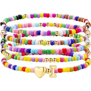 M MOOHAM Stocking Stuffers for Kids Girls Teen – 5PCS Colorful Beaded Initial Bracelets for Women Girls, Cute Stretch Heart Letter Bohemian Stackable Bracelet Birthday Gifts Jewelry for Kids Teen Girl(I)
