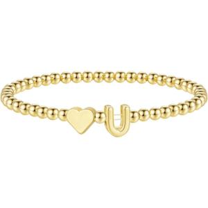 M MOOHAM Stocking Stuffers for Teen Girls Women – Dainty Gold Initial Beaded Bracelets for Women Trendy, Charm Letter A-Z Personalized Bracelet Jewelry Kids Christmas Gifts(U)