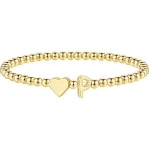 M MOOHAM Stocking Stuffers for Teen Girls Women – Dainty Gold Initial Beaded Bracelets for Women Trendy, Charm Letter A-Z Personalized Bracelet Jewelry Kids Christmas Gifts(P)