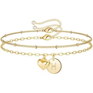 M MOOHAM Stocking Stuffers for Teen Girls Women – Dainty Heart Initial Bracelet Disc Letter Bracelets Personalized Bracelet Jewelry Christmas Gifts for Grandkids Kids Teen Girls Women(H)