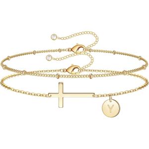 M MOOHAM Stocking Stuffers for Teens Women – Initial Cross Bracelets for Women, 14K-Gold-Plated Dainty Cross Disc Letter A-Z Bracelet for Teen Girls Gifts Baptism Christian Gifts for Women Girls(Y)
