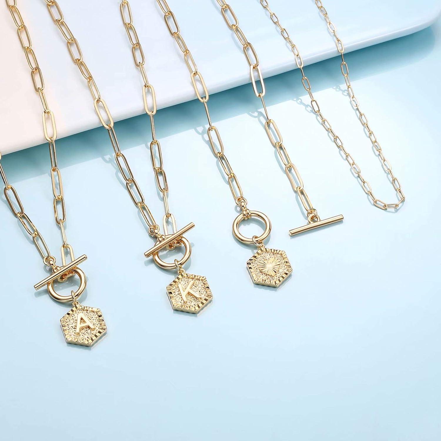 imageM MOOHAM Dainty Gold Initial Necklaces for Women Paperclip Chain Necklace Gold Necklace for Women Jewelry Simple Cute Hexagon Letter Pendant Initial A Necklace 14K Gold Chain Necklaces for Women