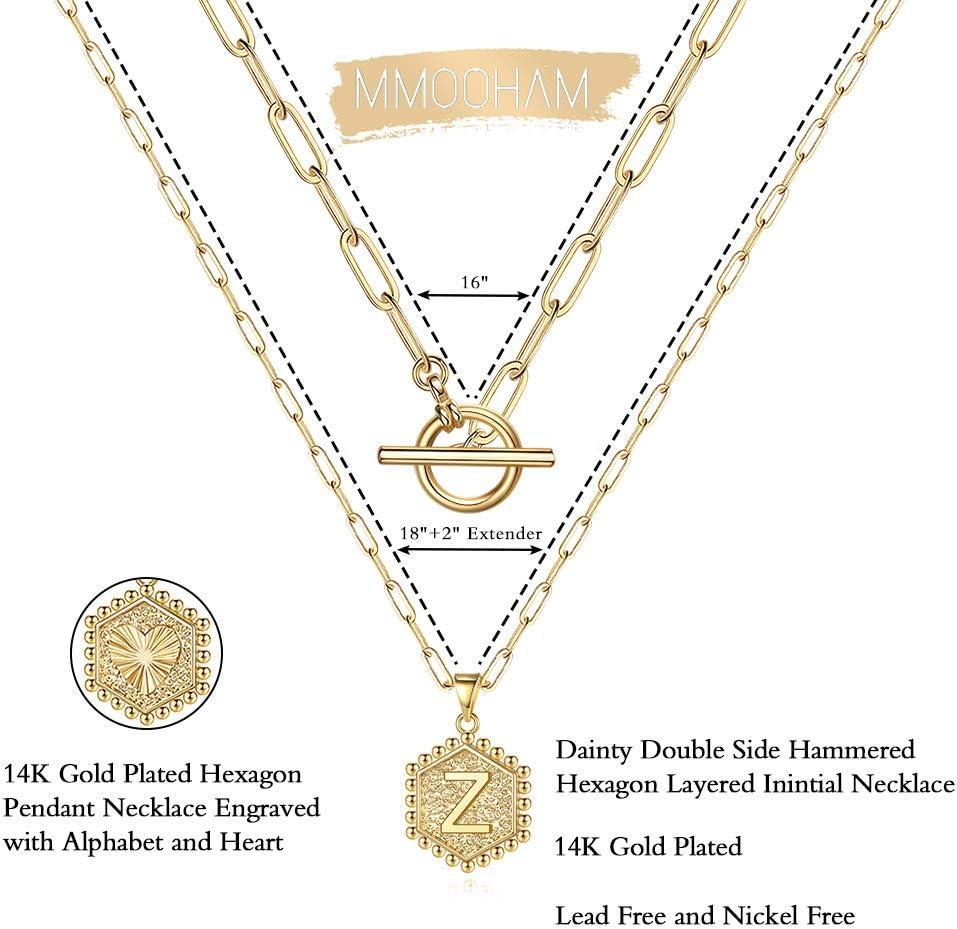 imageM MOOHAM Gold Initial Necklaces for Women 14K Real Gold Plated Layered Initial Necklace Hexagon Pendant Toggle Clasp Layering Gold Chain Necklaces for Women Gold Layered Choker Necklaces for Women