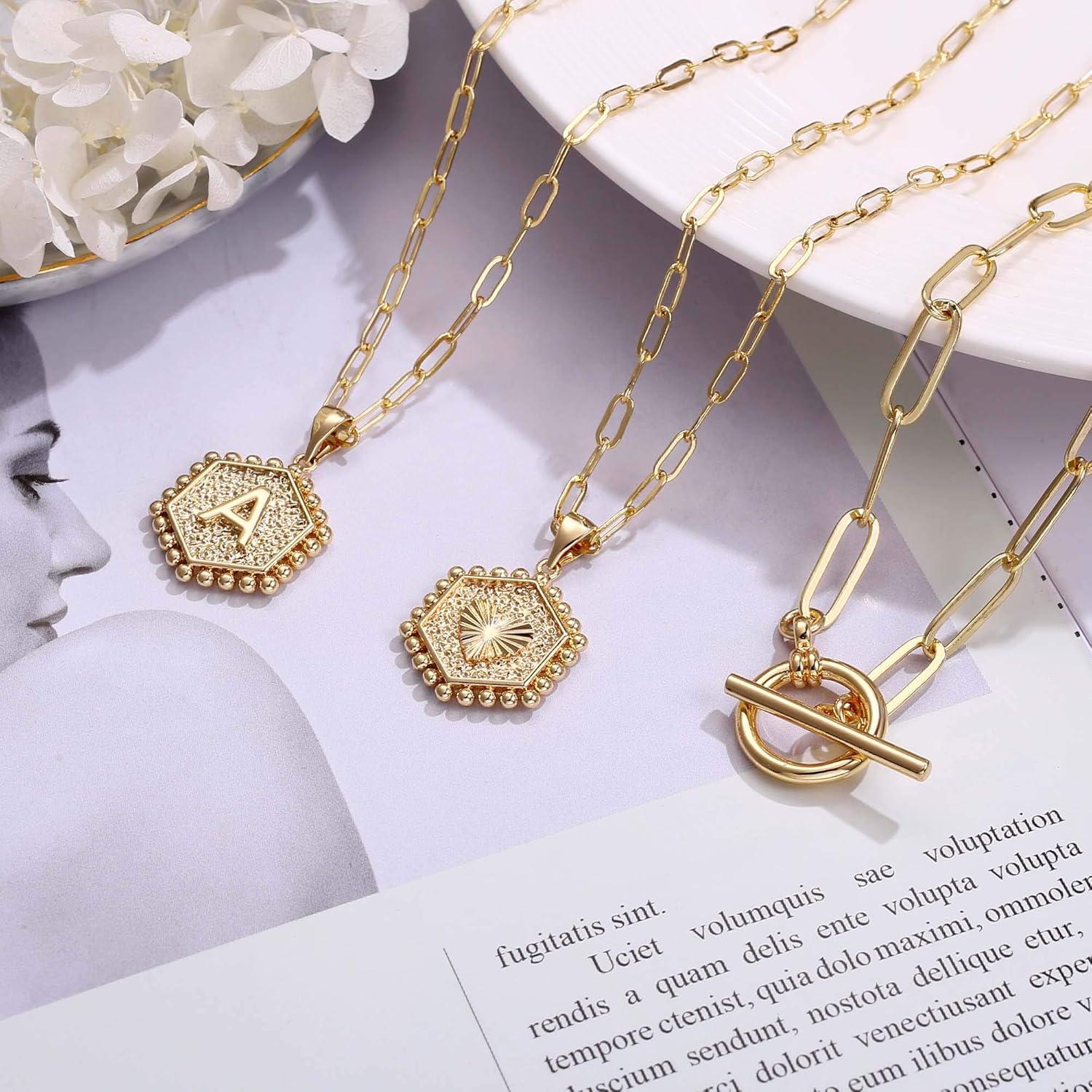 imageM MOOHAM Gold Initial Necklaces for Women 14K Real Gold Plated Layered Initial Necklace Hexagon Pendant Toggle Clasp Layering Gold Chain Necklaces for Women Gold Layered Choker Necklaces for Women