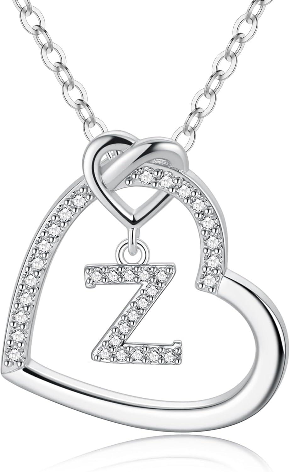 imageM MOOHAM Stocking Stuffers for Teen Girls Women Heart Initial Necklaces for Girls Teen Women Cubic Zirconia Heart Pendant Necklace Dainty Initial Necklace Letter A Z Jewelry Christmas GiftsWhiteGoldPlated