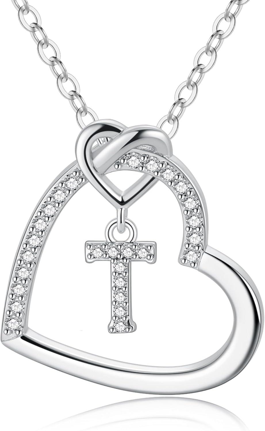 imageM MOOHAM Stocking Stuffers for Teen Girls Women Heart Initial Necklaces for Girls Teen Women Cubic Zirconia Heart Pendant Necklace Dainty Initial Necklace Letter A Z Jewelry Christmas GiftsWhiteGoldPlated
