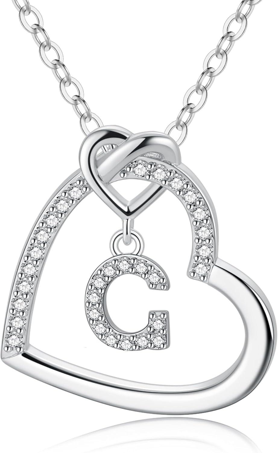 imageM MOOHAM Stocking Stuffers for Teen Girls Women Heart Initial Necklaces for Girls Teen Women Cubic Zirconia Heart Pendant Necklace Dainty Initial Necklace Letter A Z Jewelry Christmas GiftsWhiteGoldPlated