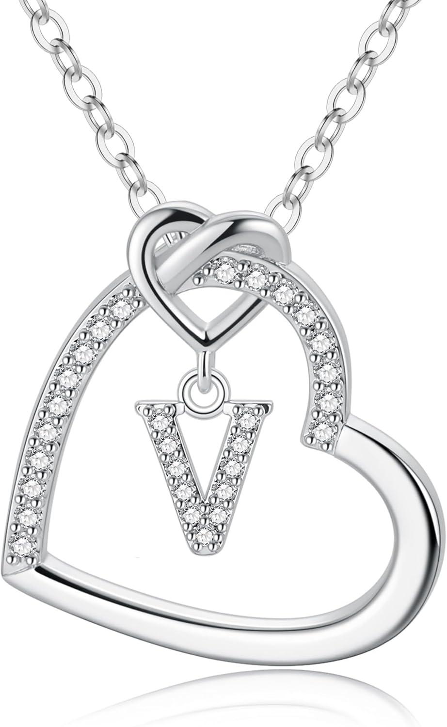 imageM MOOHAM Stocking Stuffers for Teen Girls Women Heart Initial Necklaces for Girls Teen Women Cubic Zirconia Heart Pendant Necklace Dainty Initial Necklace Letter A Z Jewelry Christmas GiftsWhiteGoldPlated