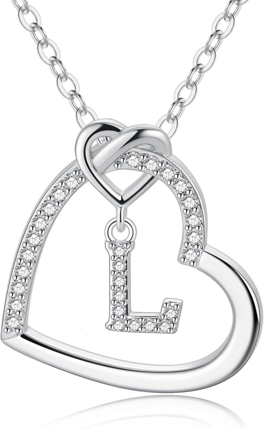 imageM MOOHAM Stocking Stuffers for Teen Girls Women Heart Initial Necklaces for Girls Teen Women Cubic Zirconia Heart Pendant Necklace Dainty Initial Necklace Letter A Z Jewelry Christmas GiftsWhiteGoldPlated