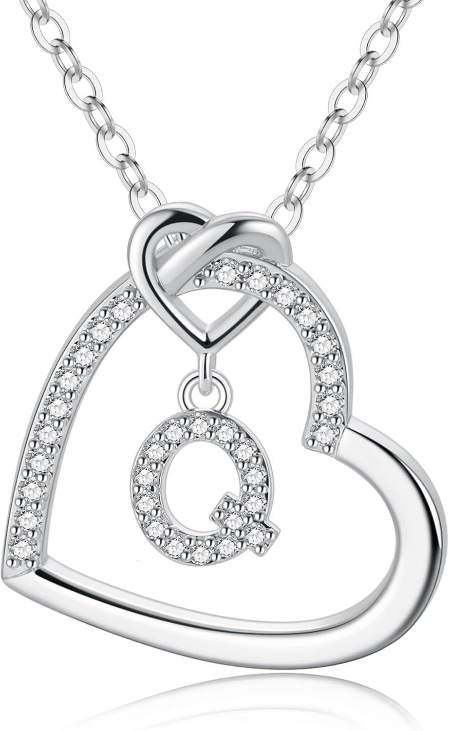 imageM MOOHAM Stocking Stuffers for Teen Girls Women Heart Initial Necklaces for Girls Teen Women Cubic Zirconia Heart Pendant Necklace Dainty Initial Necklace Letter A Z Jewelry Christmas GiftsWhiteGoldPlated