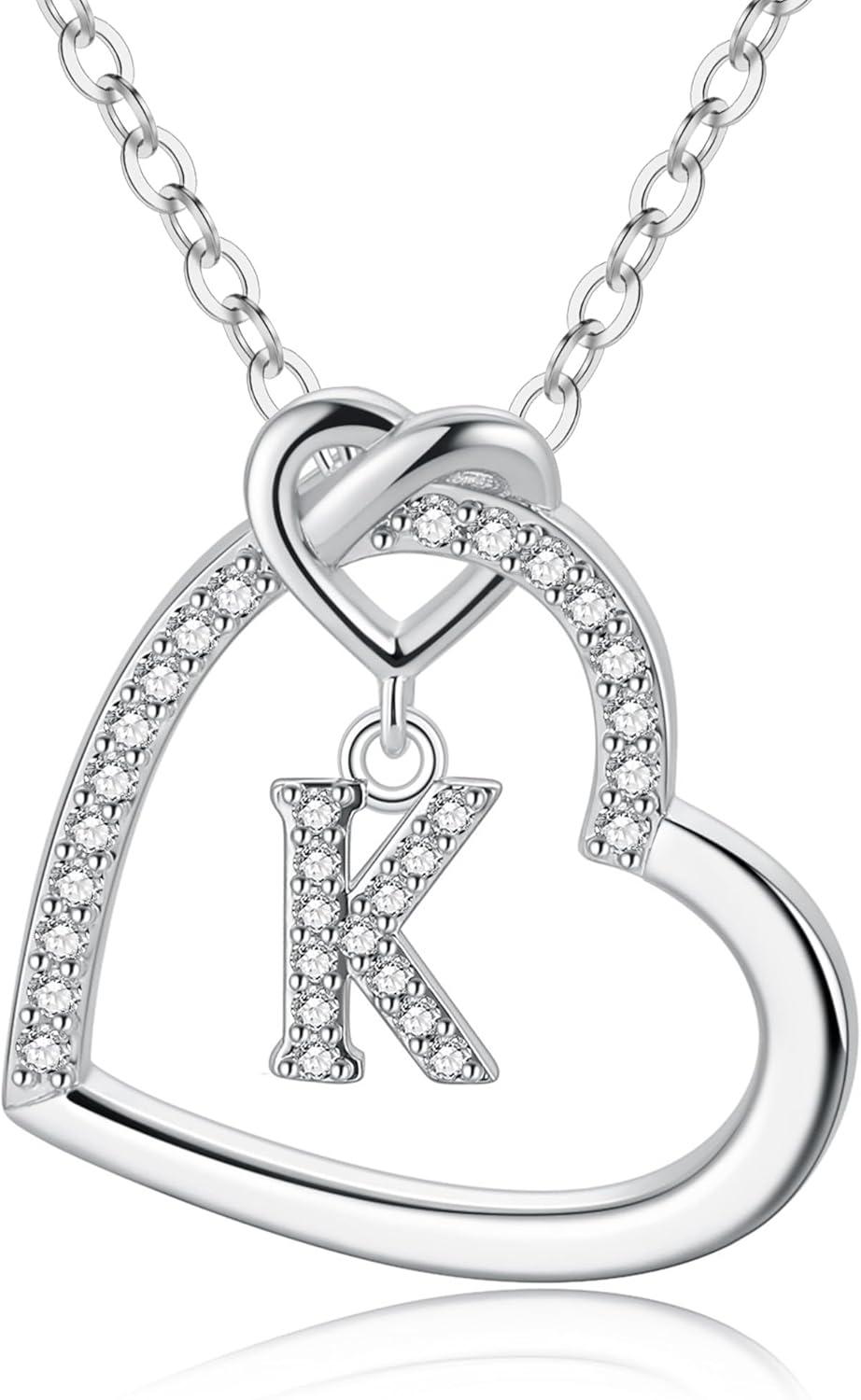 imageM MOOHAM Stocking Stuffers for Teen Girls Women Heart Initial Necklaces for Girls Teen Women Cubic Zirconia Heart Pendant Necklace Dainty Initial Necklace Letter A Z Jewelry Christmas GiftsWhiteGoldPlated