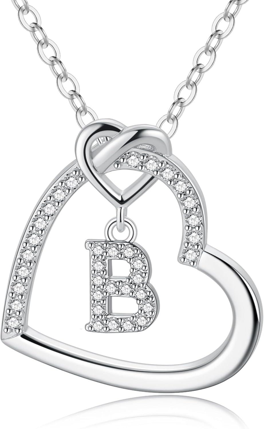 imageM MOOHAM Stocking Stuffers for Teen Girls Women Heart Initial Necklaces for Girls Teen Women Cubic Zirconia Heart Pendant Necklace Dainty Initial Necklace Letter A Z Jewelry Christmas GiftsWhiteGoldPlated