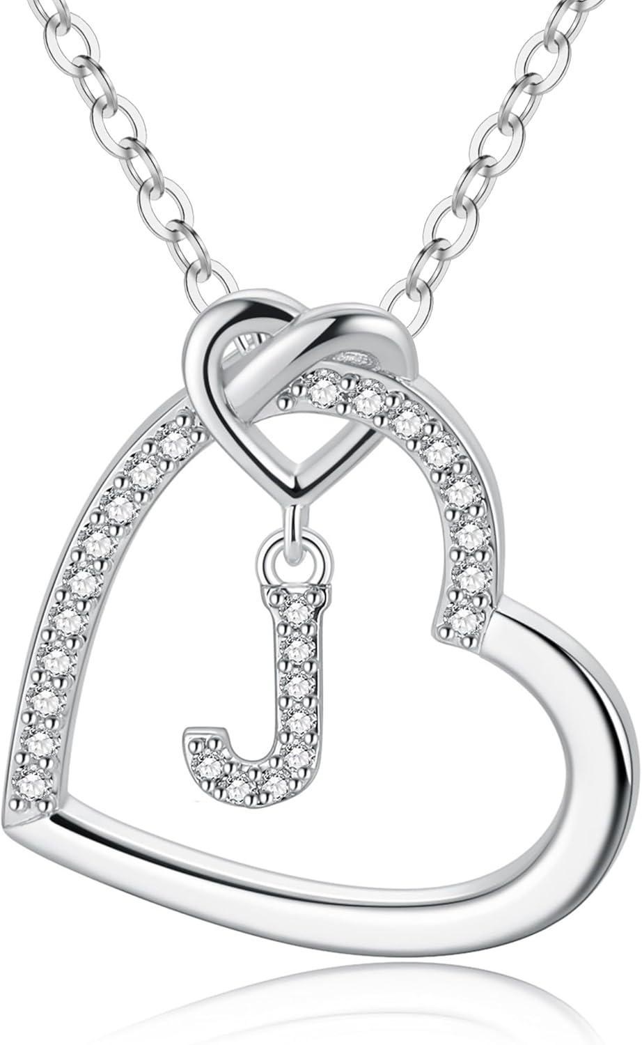 imageM MOOHAM Stocking Stuffers for Teen Girls Women Heart Initial Necklaces for Girls Teen Women Cubic Zirconia Heart Pendant Necklace Dainty Initial Necklace Letter A Z Jewelry Christmas GiftsWhiteGoldPlated