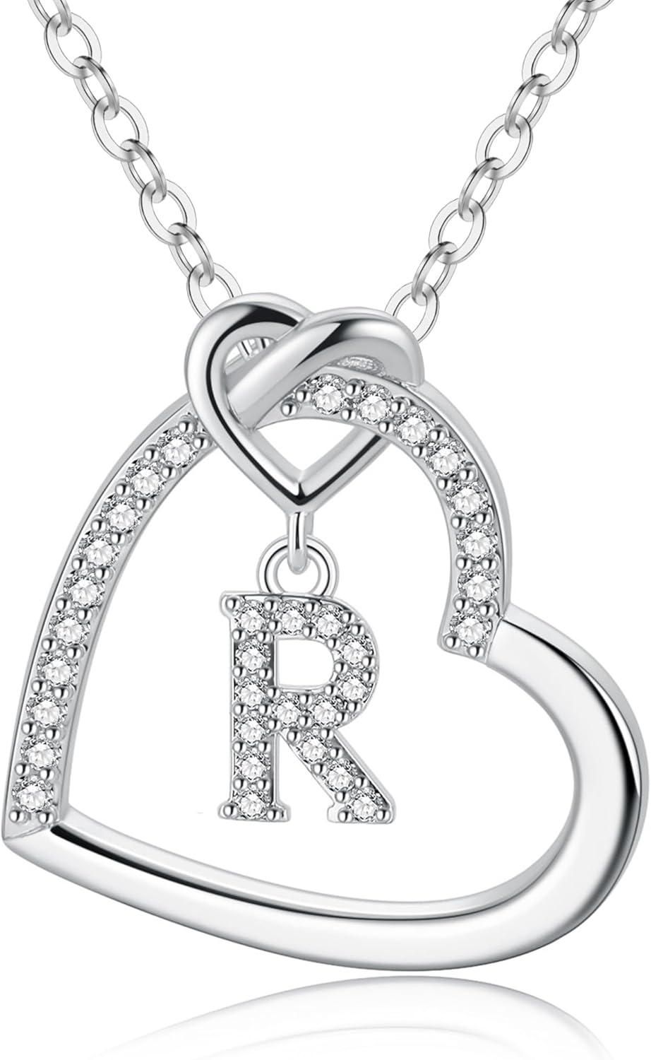 imageM MOOHAM Stocking Stuffers for Teen Girls Women Heart Initial Necklaces for Girls Teen Women Cubic Zirconia Heart Pendant Necklace Dainty Initial Necklace Letter A Z Jewelry Christmas GiftsWhiteGoldPlated