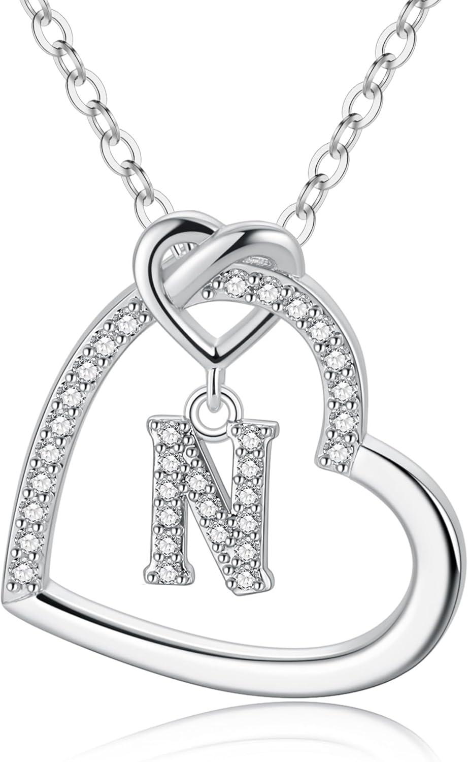imageM MOOHAM Stocking Stuffers for Teen Girls Women Heart Initial Necklaces for Girls Teen Women Cubic Zirconia Heart Pendant Necklace Dainty Initial Necklace Letter A Z Jewelry Christmas GiftsWhiteGoldPlated