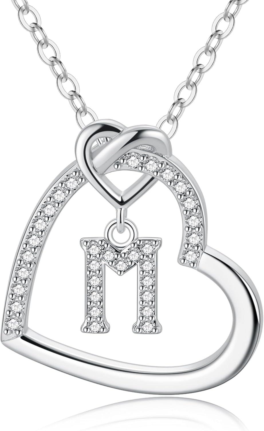 imageM MOOHAM Stocking Stuffers for Teen Girls Women Heart Initial Necklaces for Girls Teen Women Cubic Zirconia Heart Pendant Necklace Dainty Initial Necklace Letter A Z Jewelry Christmas GiftsWhiteGoldPlated
