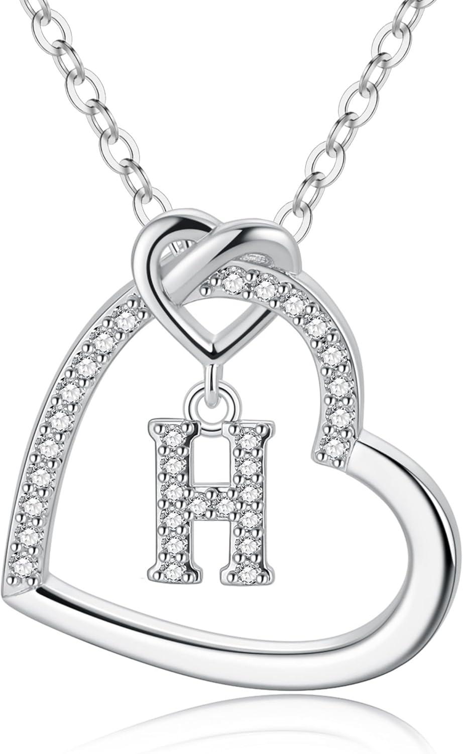 imageM MOOHAM Stocking Stuffers for Teen Girls Women Heart Initial Necklaces for Girls Teen Women Cubic Zirconia Heart Pendant Necklace Dainty Initial Necklace Letter A Z Jewelry Christmas GiftsWhiteGoldPlated
