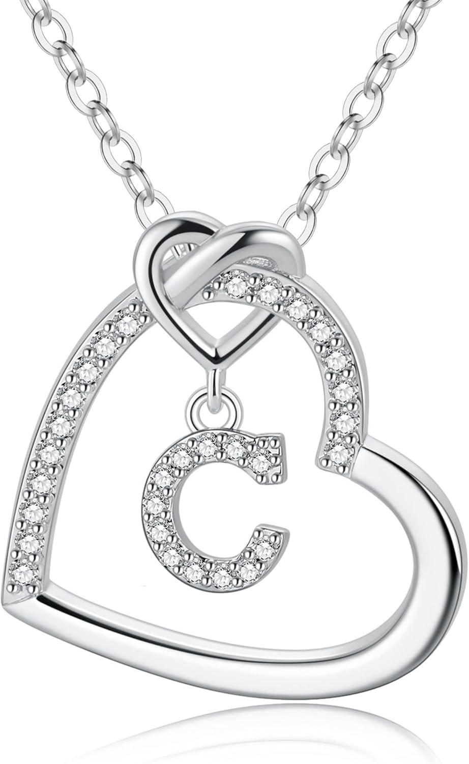 imageM MOOHAM Stocking Stuffers for Teen Girls Women Heart Initial Necklaces for Girls Teen Women Cubic Zirconia Heart Pendant Necklace Dainty Initial Necklace Letter A Z Jewelry Christmas GiftsWhiteGoldPlated
