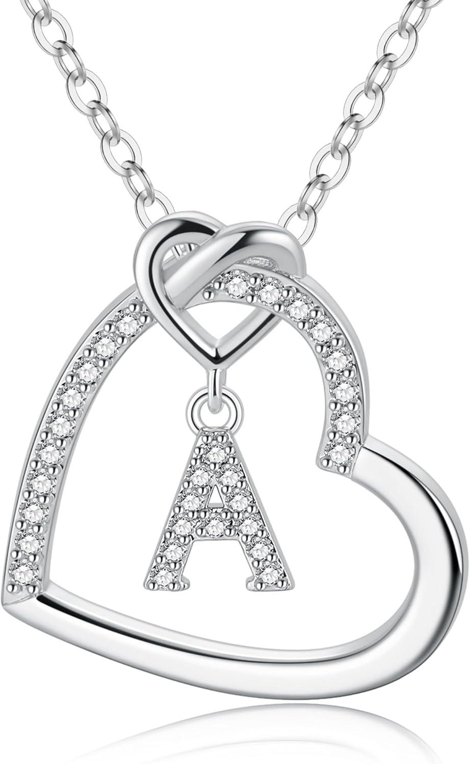 imageM MOOHAM Stocking Stuffers for Teen Girls Women Heart Initial Necklaces for Girls Teen Women Cubic Zirconia Heart Pendant Necklace Dainty Initial Necklace Letter A Z Jewelry Christmas GiftsWhiteGoldPlated