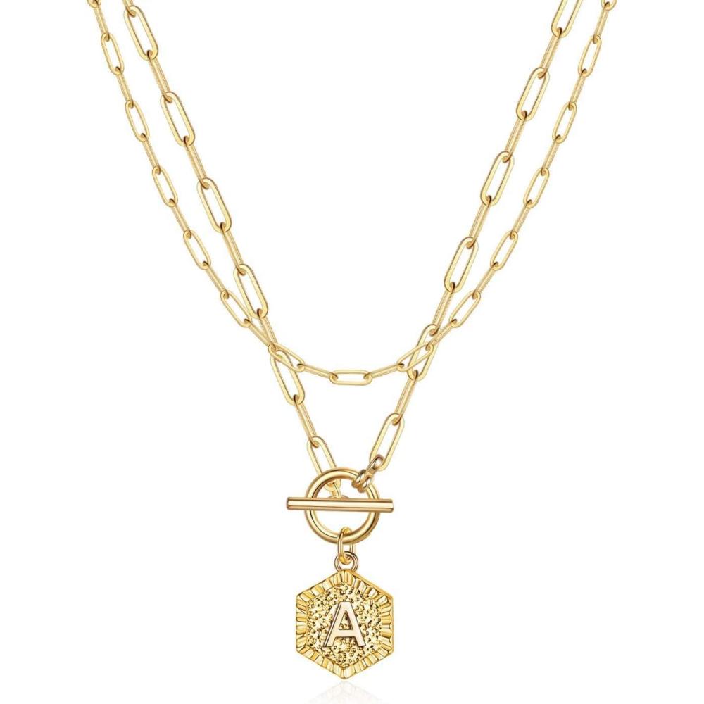 imageM MOOHAM Dainty Gold Initial Necklaces for Women Paperclip Chain Necklace Gold Necklace for Women Jewelry Simple Cute Hexagon Letter Pendant Initial A Necklace 14K Gold Chain Necklaces for Women