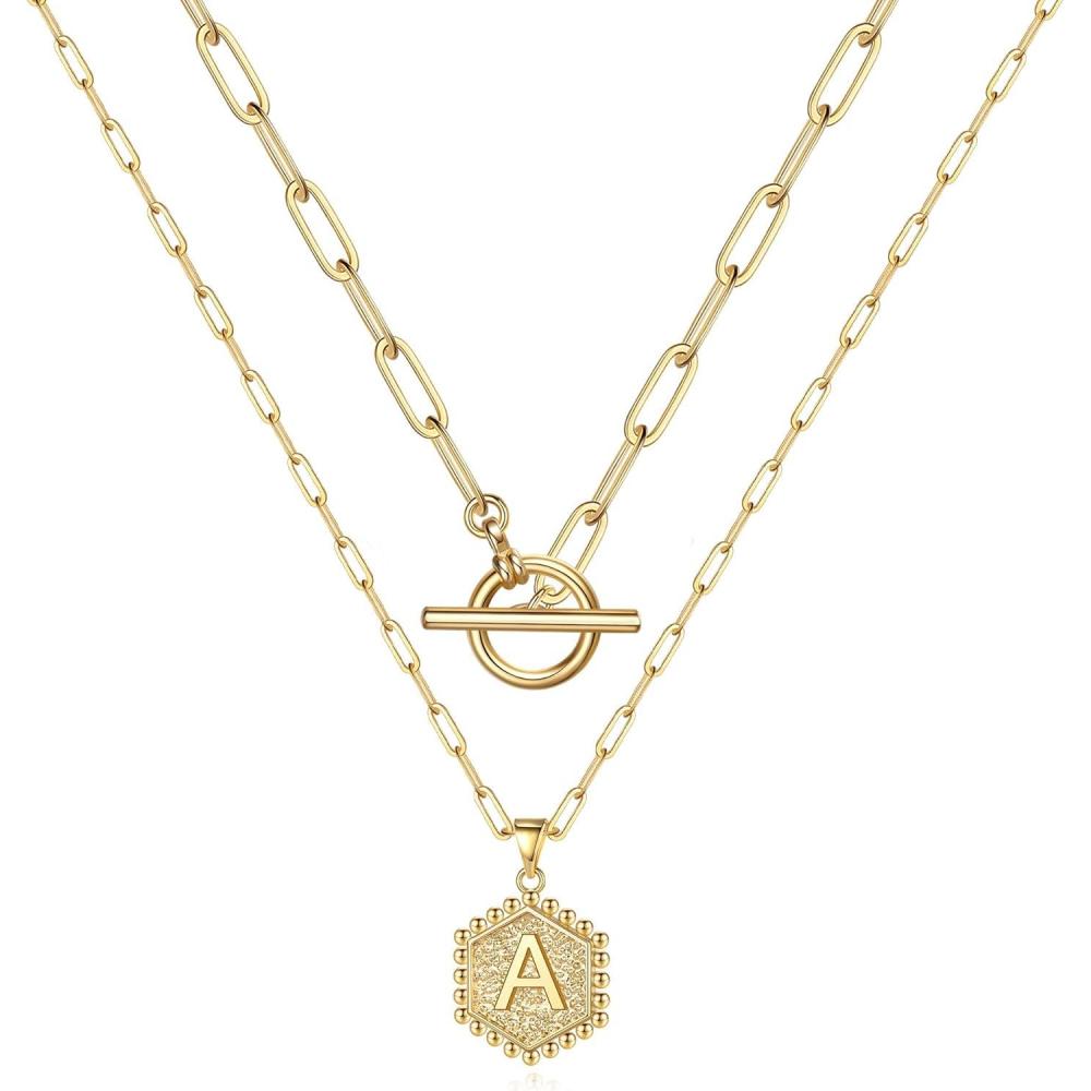 imageM MOOHAM Gold Initial Necklaces for Women 14K Real Gold Plated Layered Initial Necklace Hexagon Pendant Toggle Clasp Layering Gold Chain Necklaces for Women Gold Layered Choker Necklaces for Women