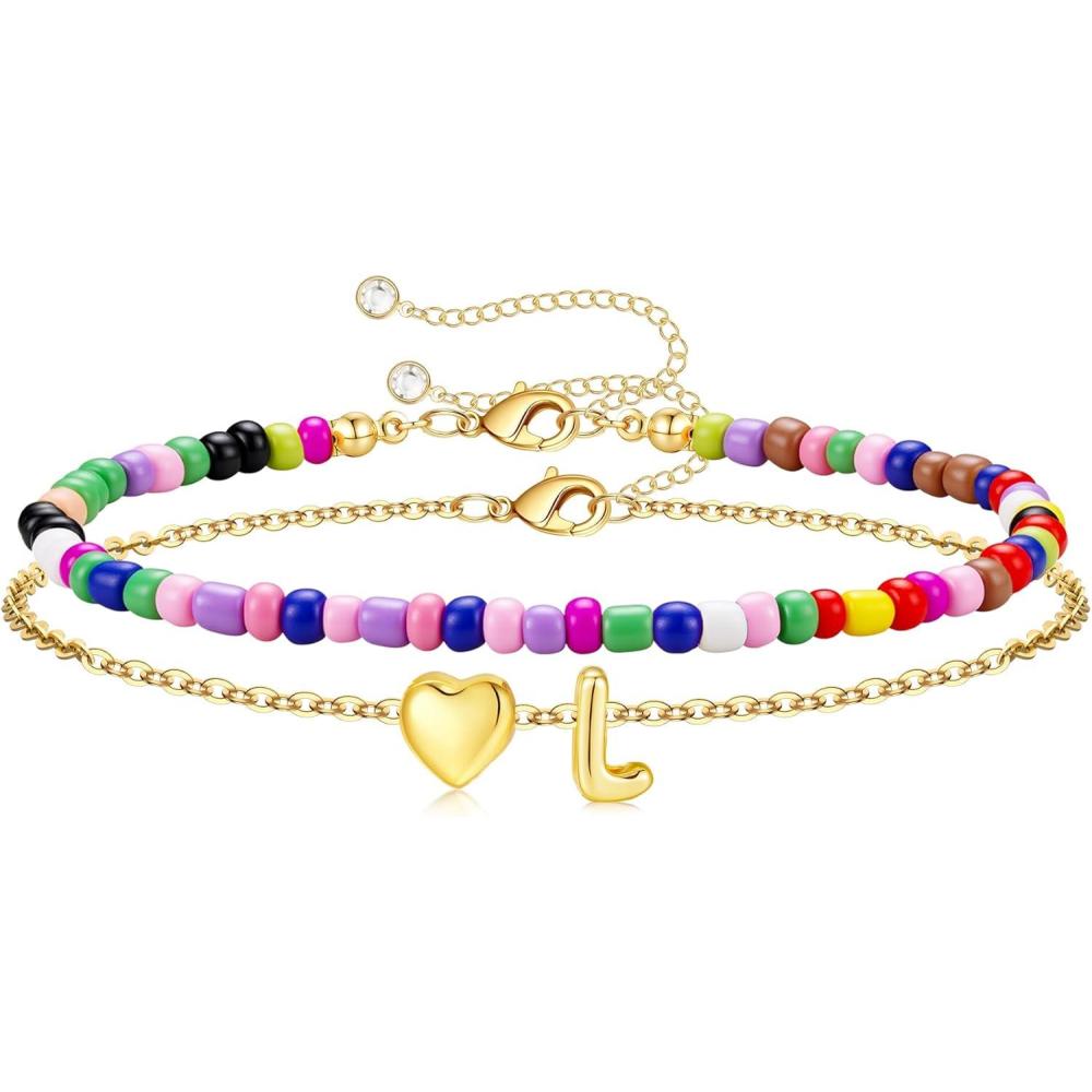 imageM MOOHAM Initial Bracelets for Women 14K Gold Plated Dainty Heart Letter AZ Bracelet Colorful Beaded Initial Bracelet Layered Bracelets Jewelry Gifts for Women Lover Bridesmaids FriendsL