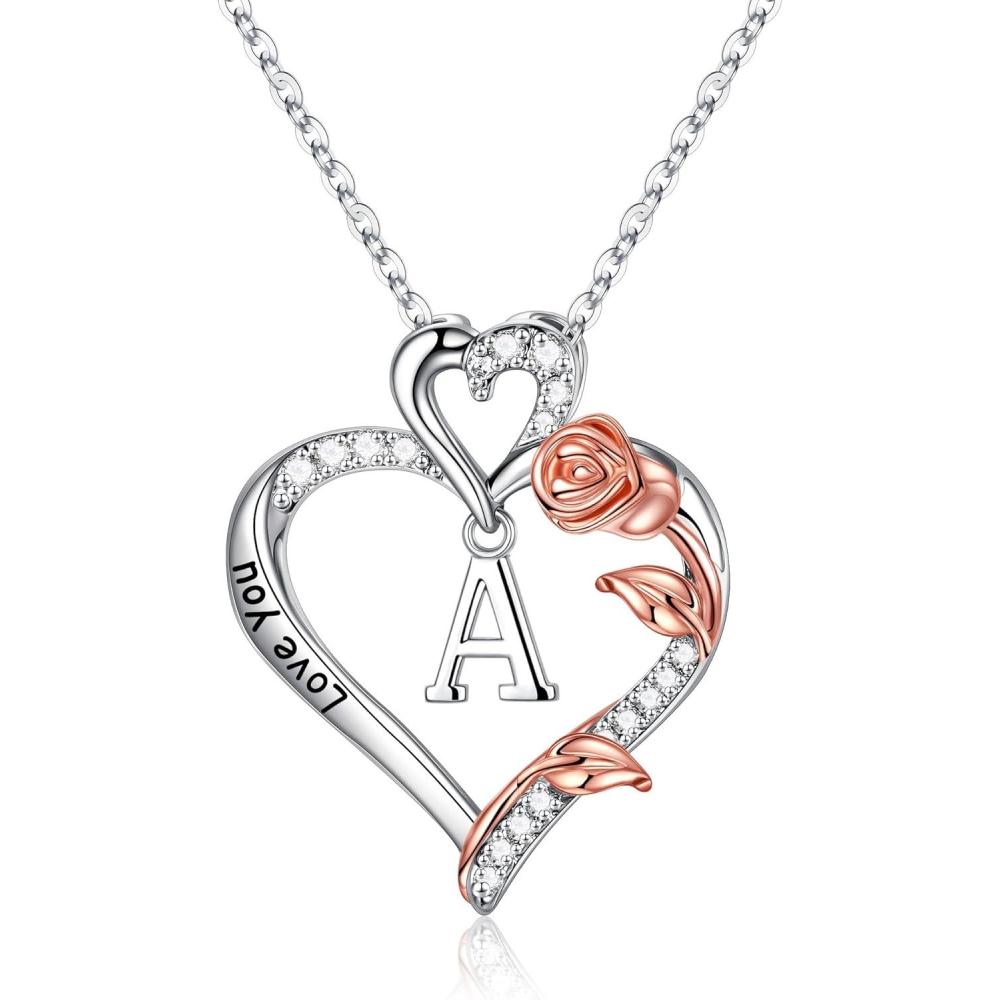 imageM MOOHAM Necklaces for Women Gifts Rose Heart Initial Pendant Necklaces for WomenJewelry Christmas Valentines Anniversary Birthday Gifts for Her Mom Wife Girlfriend Daughter
