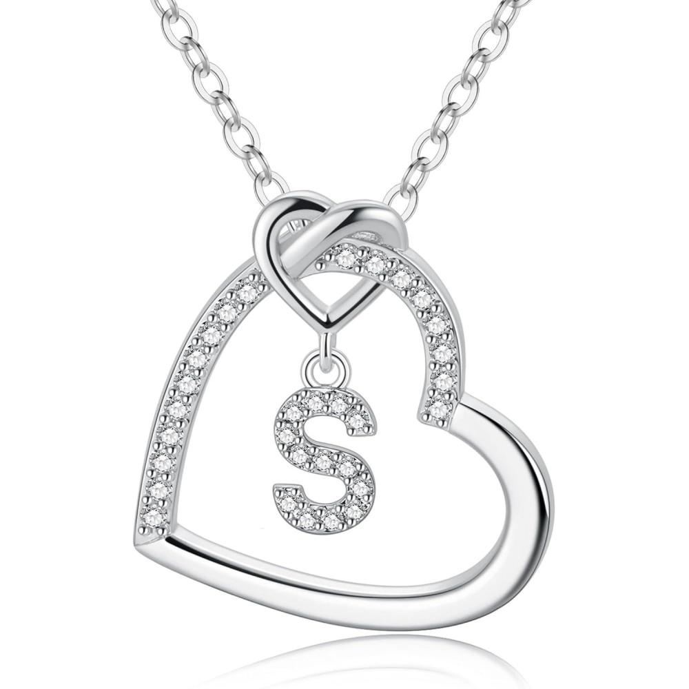 imageM MOOHAM Stocking Stuffers for Teen Girls Women Heart Initial Necklaces for Girls Teen Women Cubic Zirconia Heart Pendant Necklace Dainty Initial Necklace Letter A Z Jewelry Christmas GiftsWhiteGoldPlated